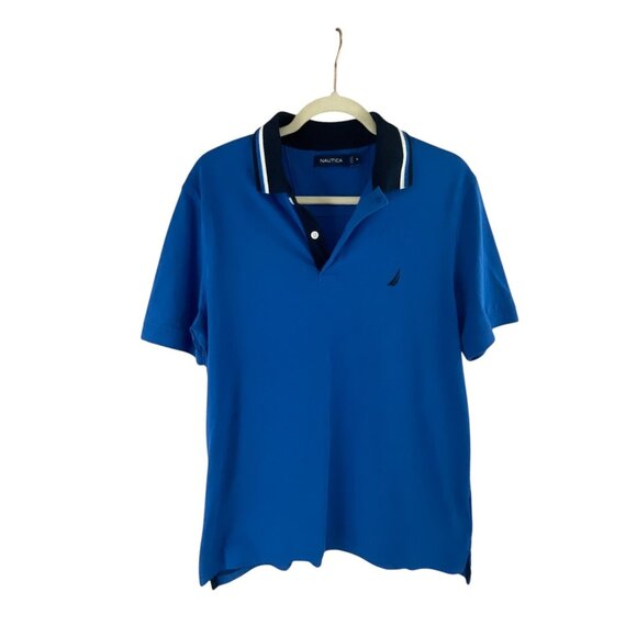 Nautica Mens Blue Polo Shirt Size M Cotton Blend Nautical Logo Short Sleeve - Picture 1 of 7